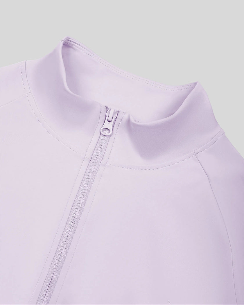 Close-up of stand collar and front zipper on TrackLine Synergy Performance Jacket in Light Purple