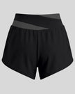 TrackLine Synergy Performance Shorts in Black with Dark Gray color-block waistband, back view