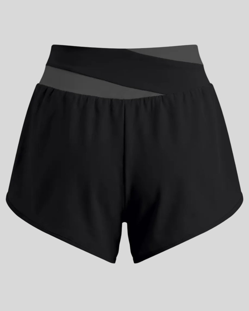 TrackLine Synergy Performance Shorts in Black with Dark Gray color-block waistband, back view
