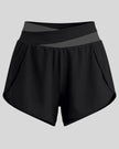 TrackLine Synergy Performance Shorts in Black with Dark Gray color-block waistband, front view