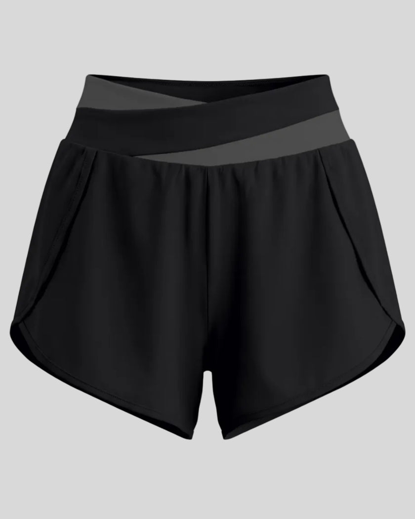 TrackLine Synergy Performance Shorts in Black with Dark Gray color-block waistband, front view