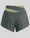 TrackLine Synergy Performance Shorts in Dark Gray with Green Bean color-block waistband, back view