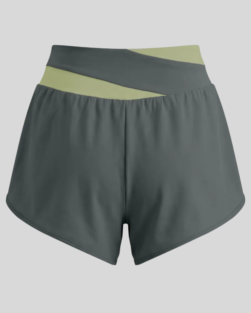 TrackLine Synergy Performance Shorts in Dark Gray with Green Bean color-block waistband, back view