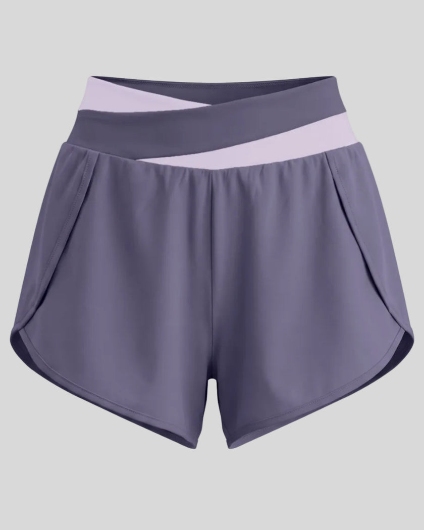 TrackLine Synergy Performance Shorts in Deep Purple with Light Purple color-block waistband, front view