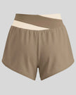 TrackLine Synergy Performance Shorts in Light Coffee with Apricot color-block waistband, back view