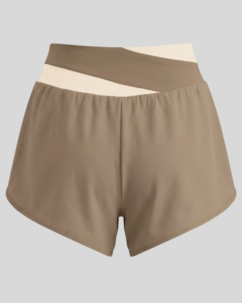 TrackLine Synergy Performance Shorts in Light Coffee with Apricot color-block waistband, back view