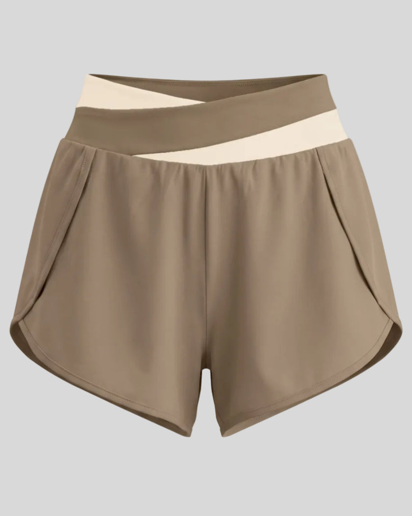 TrackLine Synergy Performance Shorts in Light Coffee with Apricot color-block waistband, front view