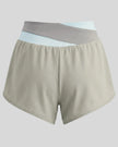 TrackLine Synergy Performance Shorts in Light Gray with Light Blue color-block waistband, back view