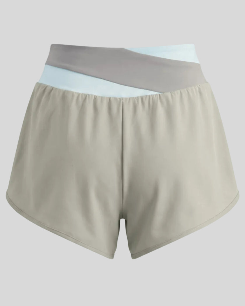 TrackLine Synergy Performance Shorts in Light Gray with Light Blue color-block waistband, back view
