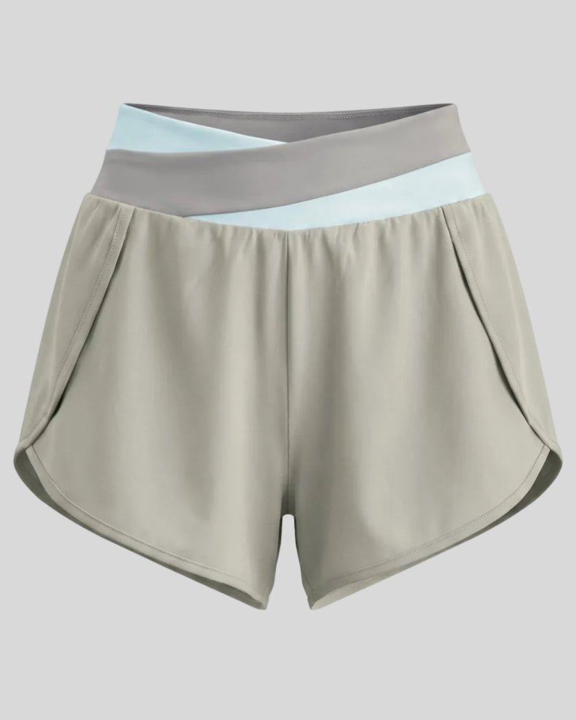 TrackLine Synergy Performance Shorts in Light Gray with Light Blue color-block waistband, front view