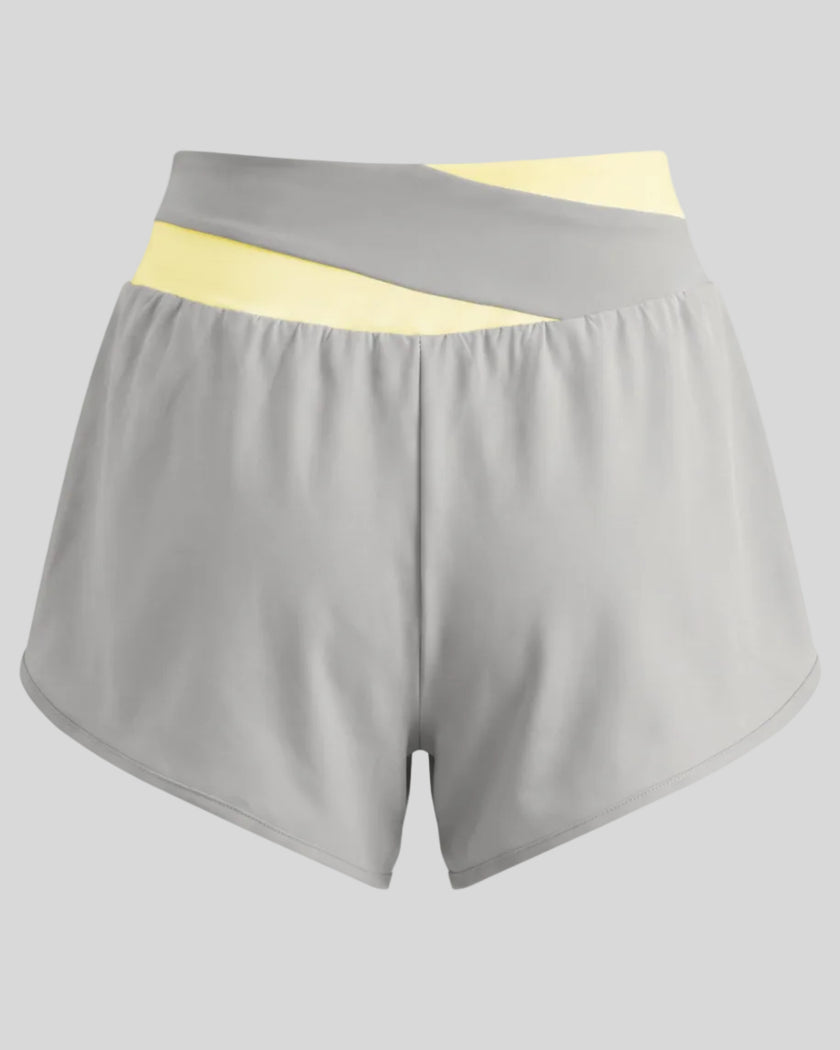 TrackLine Synergy Performance Shorts in Light Gray with Light Yellow color-block waistband, back view