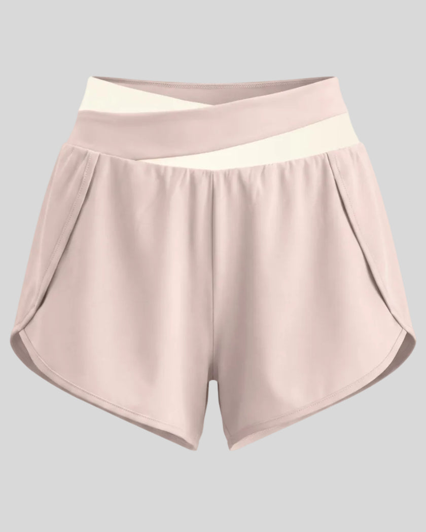 TrackLine Synergy Performance Shorts in Light Pink with Apricot color-block waistband, front view