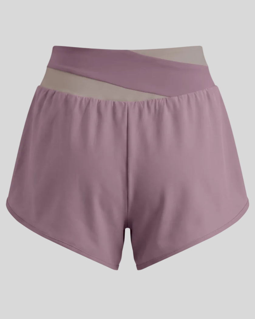 TrackLine Synergy Performance Shorts in Misty Purple with Gray Purple color-block waistband, back view