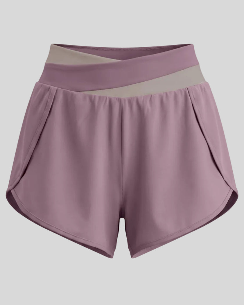 TrackLine Synergy Performance Shorts in Misty Purple with Gray Purple color-block waistband, front view