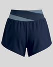 TrackLine Synergy Performance Shorts in Navy Blue with Gray Blue color-block waistband, back view