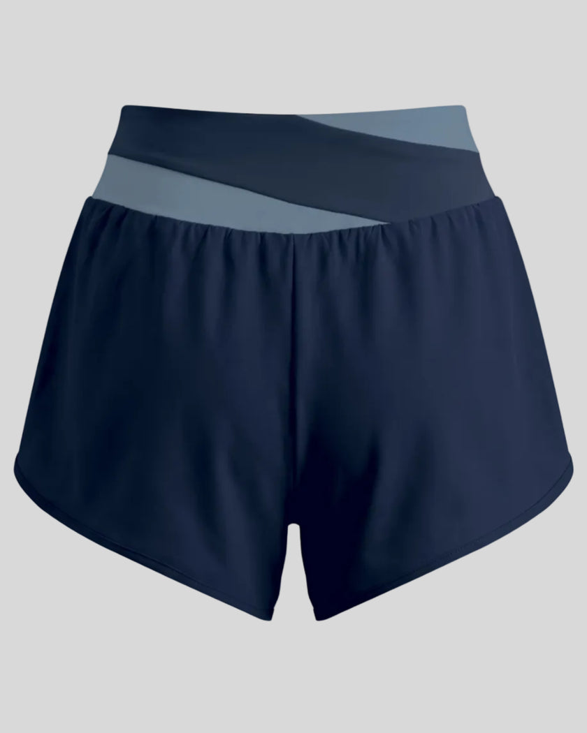 TrackLine Synergy Performance Shorts in Navy Blue with Gray Blue color-block waistband, back view