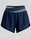 TrackLine Synergy Performance Shorts in Navy Blue with Gray Blue color-block waistband, front view