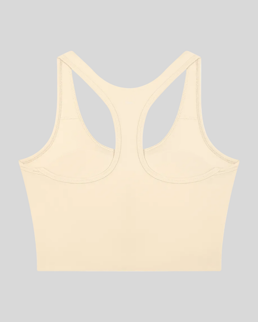 TrackLine Synergy Racerback Sports Bra in Apricot (Khaki), racerback view