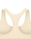 Close-up of racerback design on TrackLine Synergy Racerback Sports Bra in Apricot
