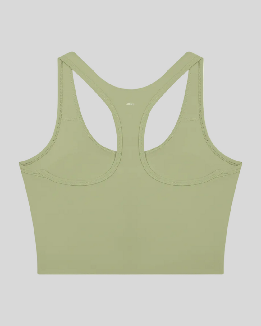 TrackLine Synergy Racerback Sports Bra in Bean Green, racerback view