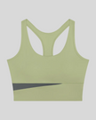 TrackLine Synergy Racerback Sports Bra in Bean Green with Dark Gray color-block detail, front view