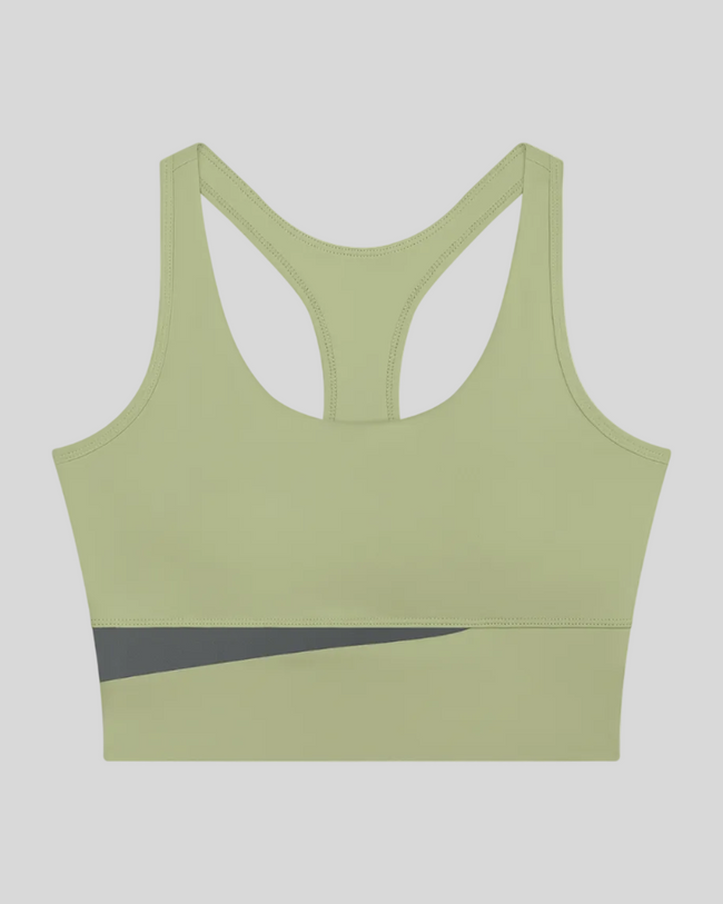 TrackLine Synergy Racerback Sports Bra in Bean Green with Dark Gray color-block detail, front view