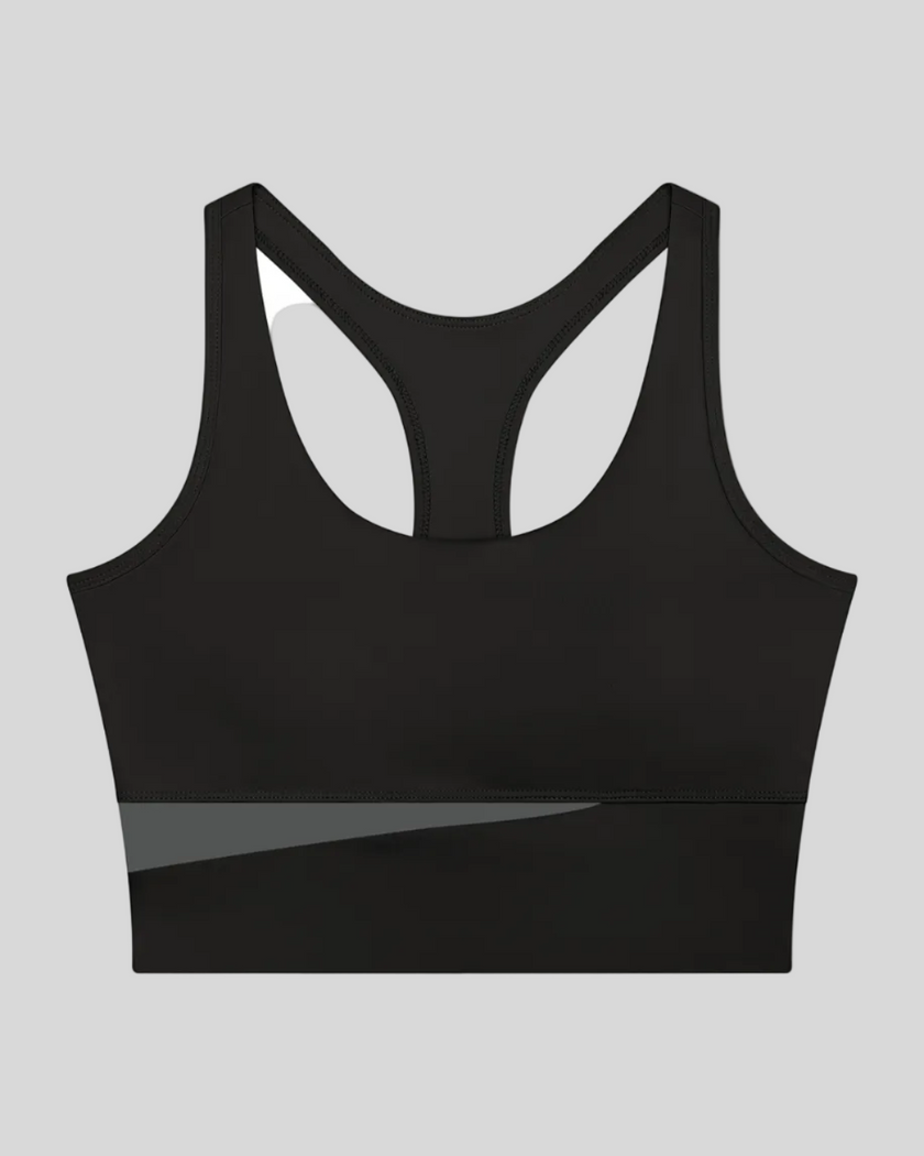 TrackLine Synergy Racerback Sports Bra in Black with Dark Gray color-block detail, front view