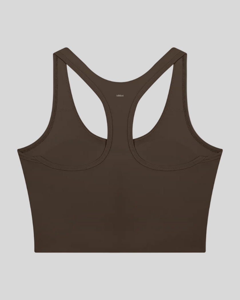 TrackLine Synergy Racerback Sports Bra in Coffee, racerback view