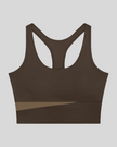 TrackLine Synergy Racerback Sports Bra in Coffee with Khaki color-block detail, front view