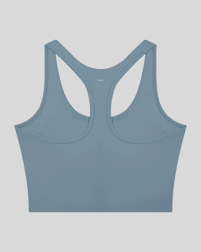 TrackLine Synergy Racerback Sports Bra in Gray Blue, racerback view