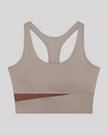TrackLine Synergy Racerback Sports Bra in Gray Purple with Brick Red color-block detail, front view