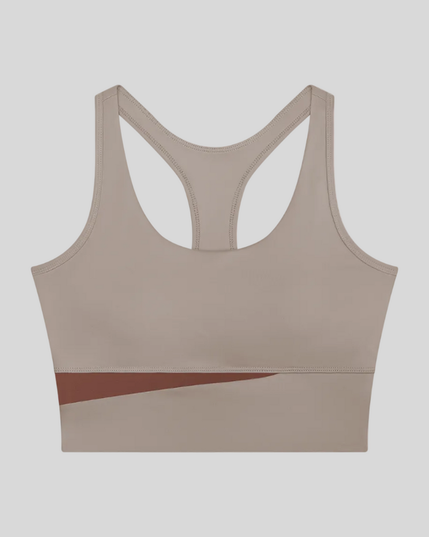 TrackLine Synergy Racerback Sports Bra in Gray Purple with Brick Red color-block detail, front view