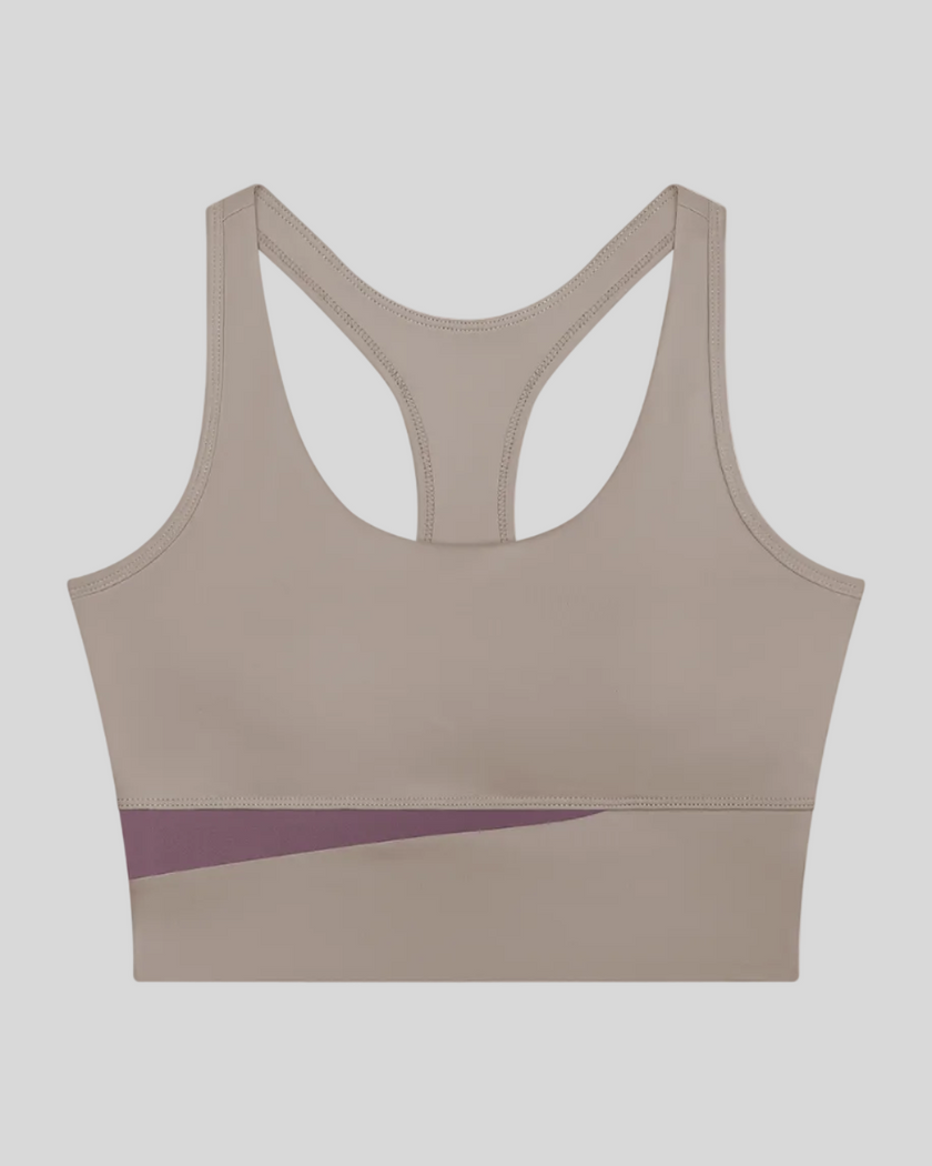 TrackLine Synergy Racerback Sports Bra in Gray Purple with Misty Purple color-block detail, front view