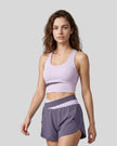 Woman wearing TrackLine Synergy Racerback Sports Bra in Light Purple with Deep Purple detail, front view
