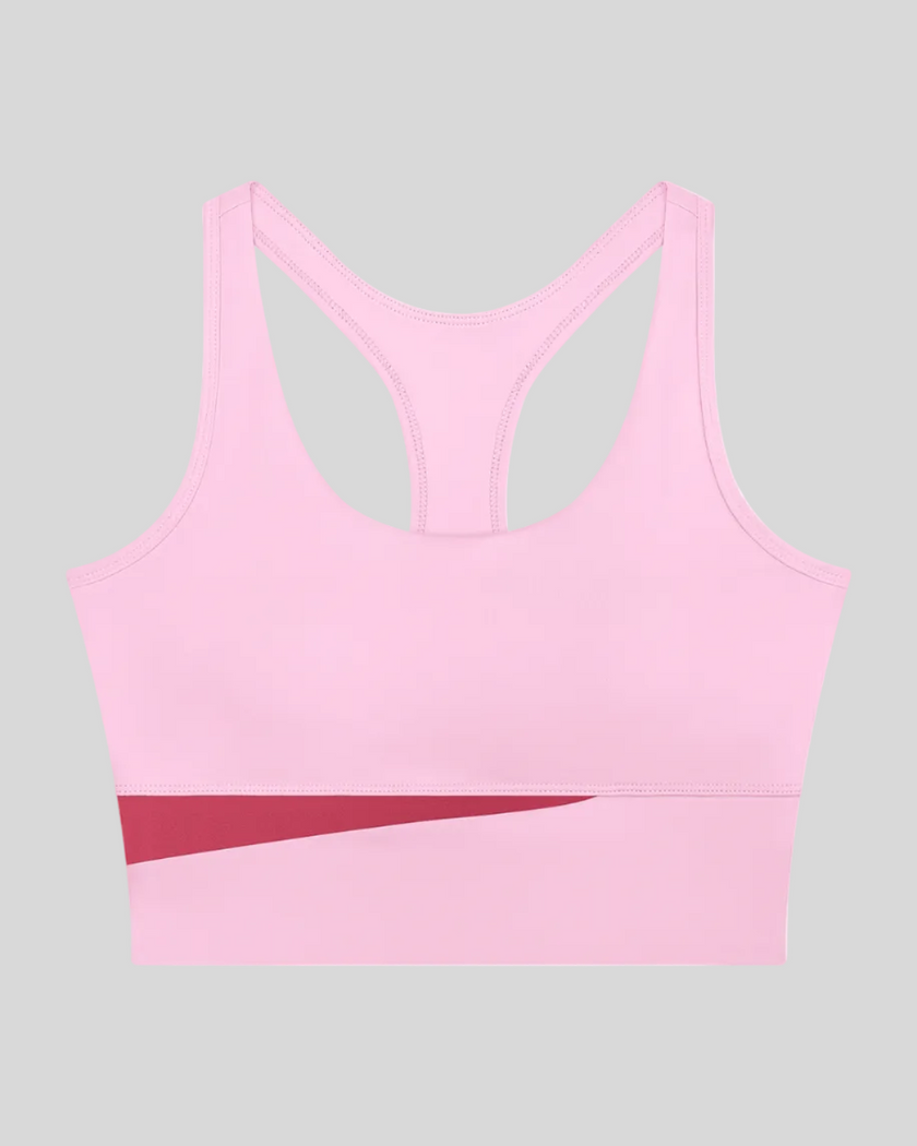 TrackLine Synergy Racerback Sports Bra in Rose Red with Pink color-block detail, front view