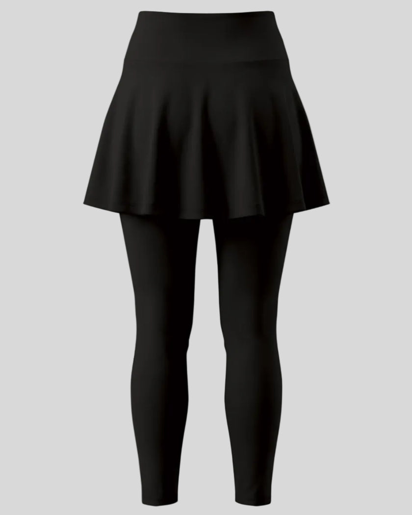 TrackLine Synergy Skirted Leggings in Black with integrated flared skirt, back view