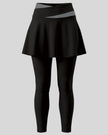TrackLine Synergy Skirted Leggings in Black with Dark Gray crossover waistband, front view