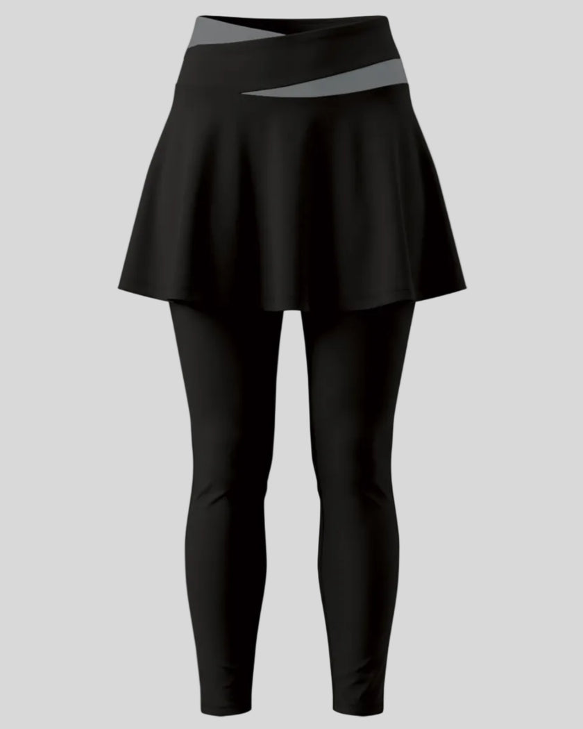 TrackLine Synergy Skirted Leggings in Black with Dark Gray crossover waistband, front view