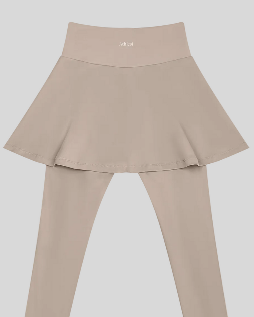 TrackLine Synergy Skirted Leggings in Light Coffee with integrated flared skirt and Athlesi logo, back view closeup
