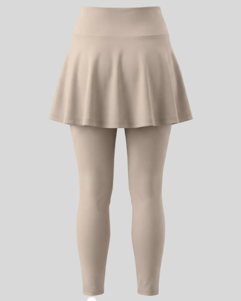 TrackLine Synergy Skirted Leggings in Light Coffee with integrated flared skirt, back view