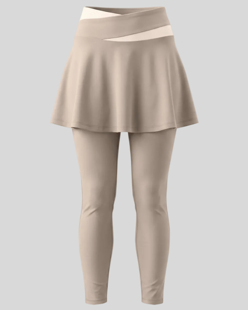 TrackLine Synergy Skirted Leggings in Light Coffee with Apricot crossover waistband, front view