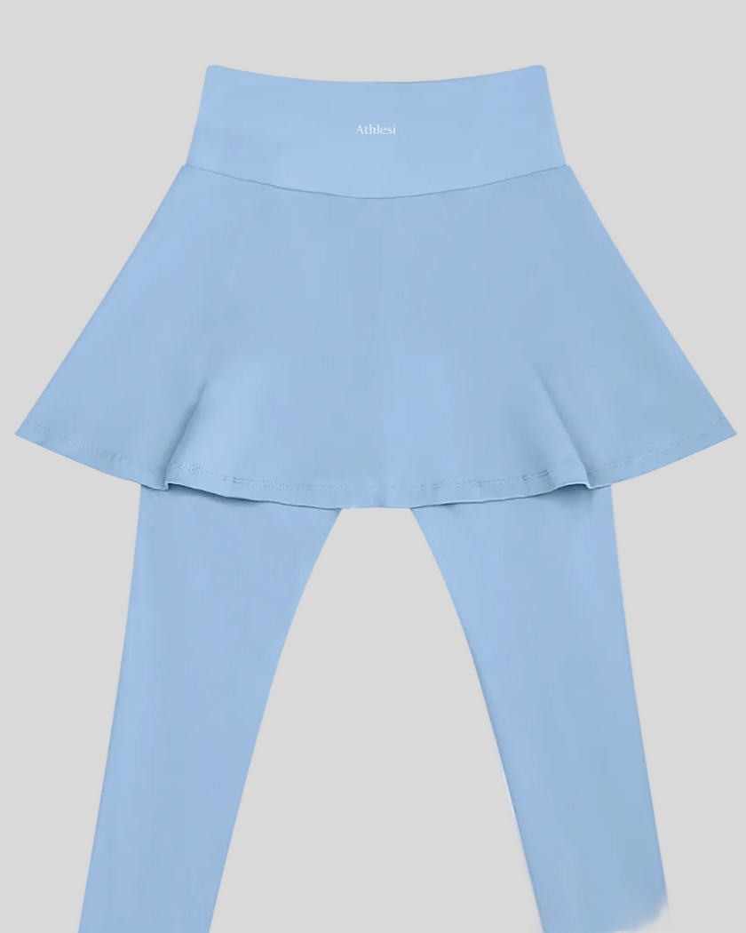TrackLine Synergy Skirted Leggings in Sky Blue with integrated flared skirt and Athlesi logo, back view closeup
