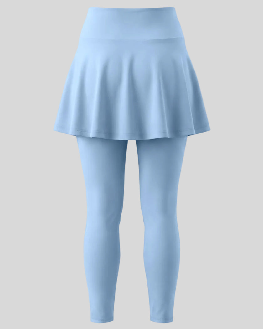 TrackLine Synergy Skirted Leggings in Sky Blue with integrated flared skirt, back view