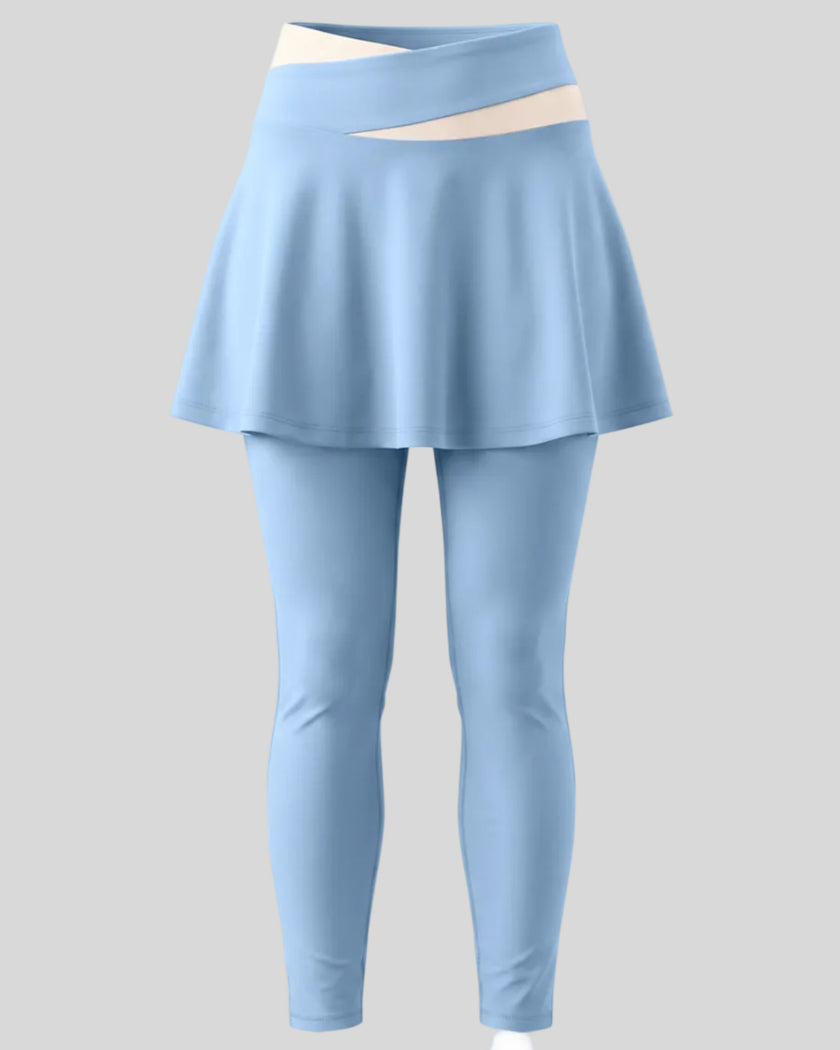 TrackLine Synergy Skirted Leggings in Sky Blue with Apricot crossover waistband, front view