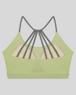 TrackLine Synergy Strappy Sports Bra in Bean Green with Dark Gray, flat lay back view showing multi-strap design
