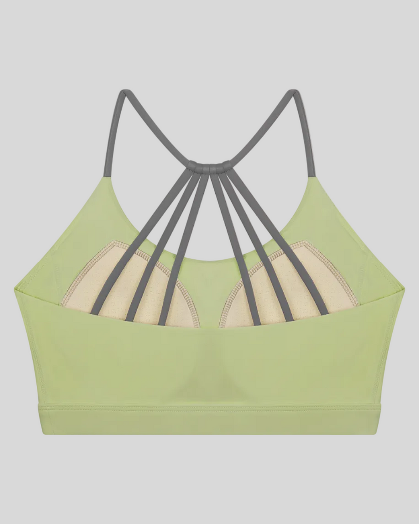 TrackLine Synergy Strappy Sports Bra in Bean Green with Dark Gray, flat lay back view showing multi-strap design