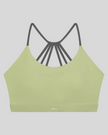 TrackLine Synergy Strappy Sports Bra in Bean Green with Dark Gray, flat lay front view