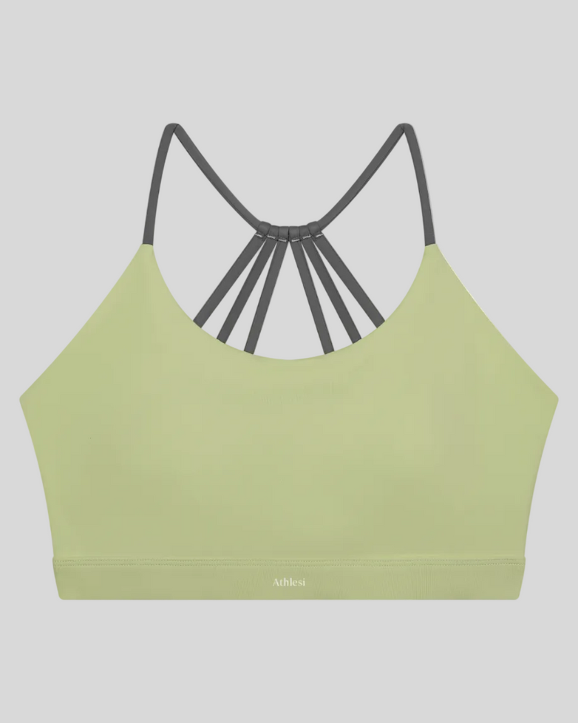 TrackLine Synergy Strappy Sports Bra in Bean Green with Dark Gray, flat lay front view