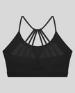 TrackLine Synergy Strappy Sports Bra in Black, flat lay back view showing multi-strap design