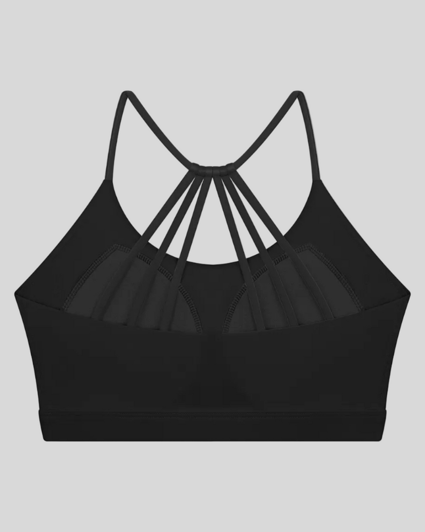 TrackLine Synergy Strappy Sports Bra in Black, flat lay back view showing multi-strap design